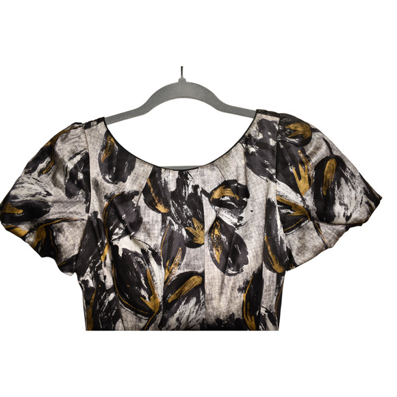 REBECCA TAYLOR $395 Pleated Neck Puff Sleeve Printed Silk Dress Gray Size 2 - Picture 3 of 4